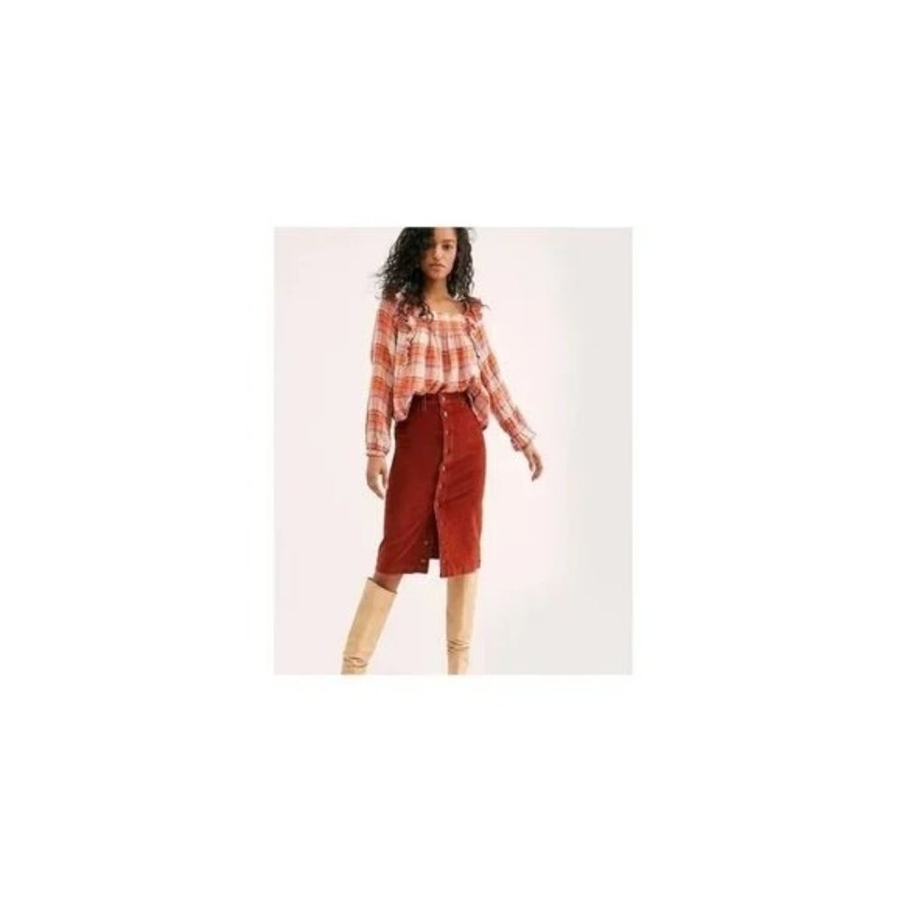 NWT Free People Siena Plaid Orange and Pink‎ Pullover boho Smocked Blouse